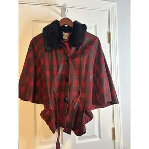 Mythology Red Black Plaid Leather Cape Jacket M Rabbit Fur Collar Belted Style